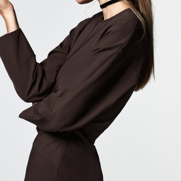 NWT Zara Ruched Brown Midi Dress - Picture 4 of 9
